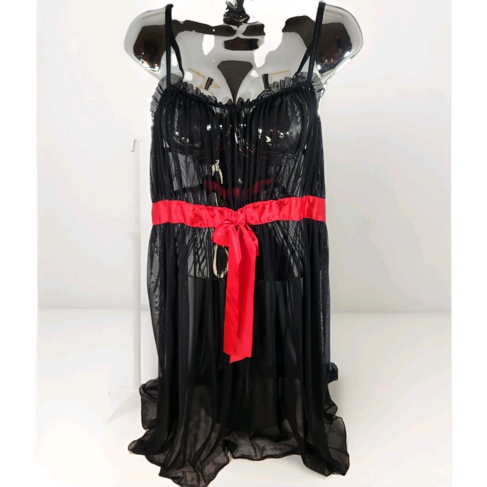 Women's Babydoll Nightgown Chemise Size 1X Sheer Black‎ W/Red Ribbon